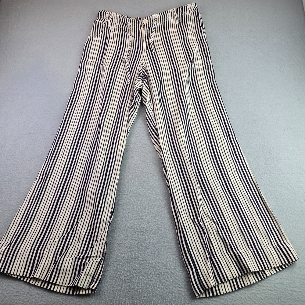 Just Living Linen Blend Pants Womens S Beige Blue Striped Elastic Waist Wide Leg